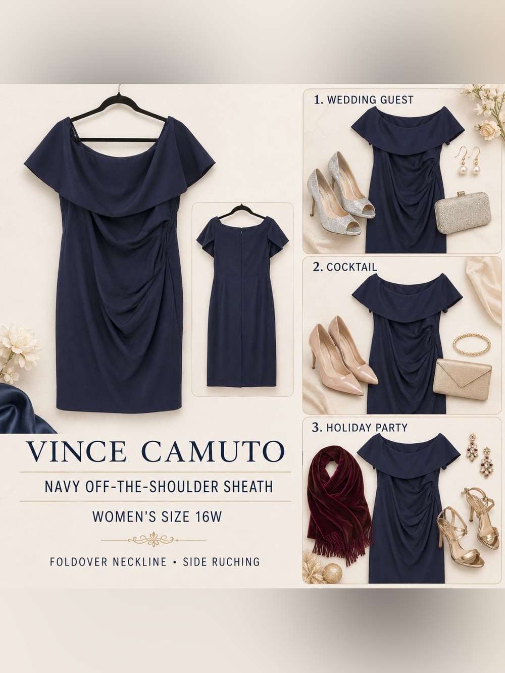 Vince Camuto Navy Off-Shoulder Ruched Sheath Dress 16W